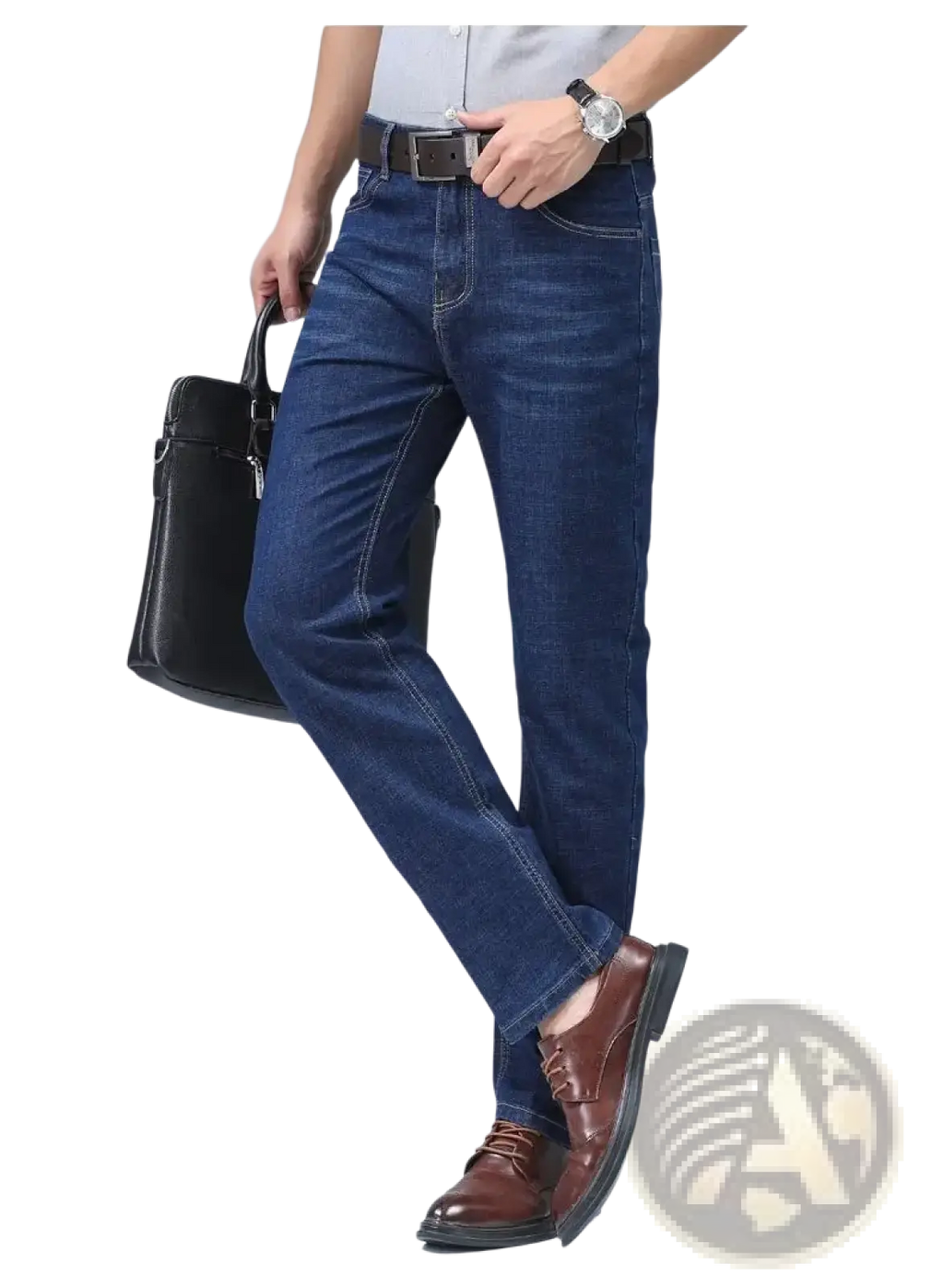 Dark blue stretch cotton men’s straight jeans with classic straight-leg cut and visible stitching for casual wear