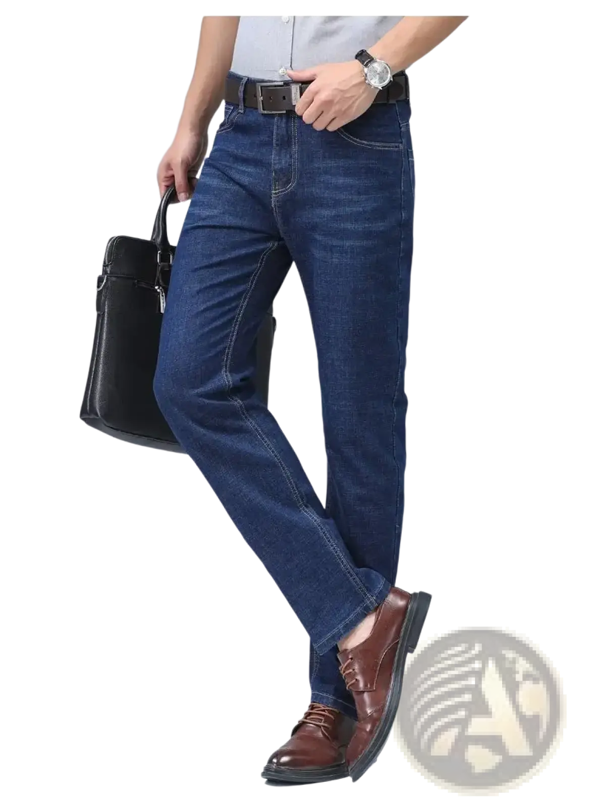 Dark blue stretch cotton men’s straight jeans with classic straight-leg cut and visible stitching for casual wear