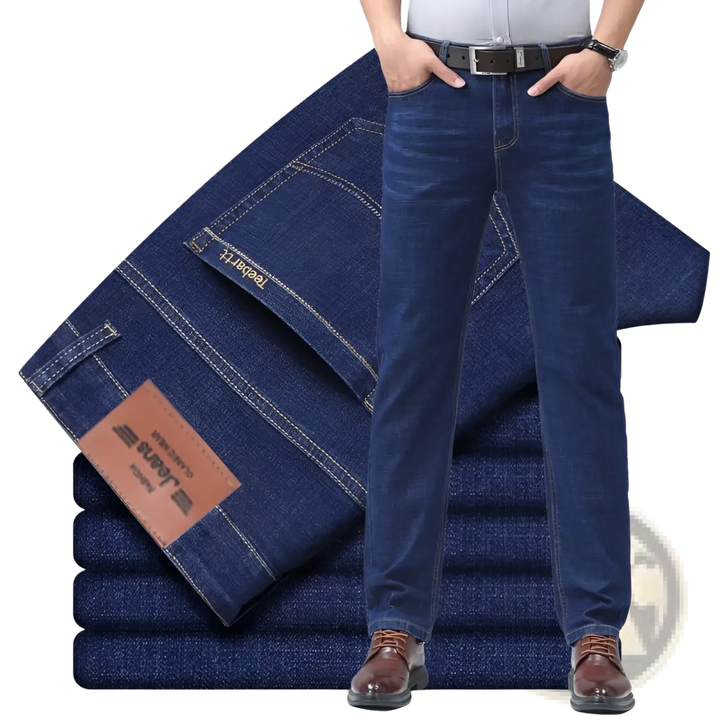 Men’s dark blue stretch cotton jeans with a classic straight-leg cut and contrasting white stitching for casual wear
