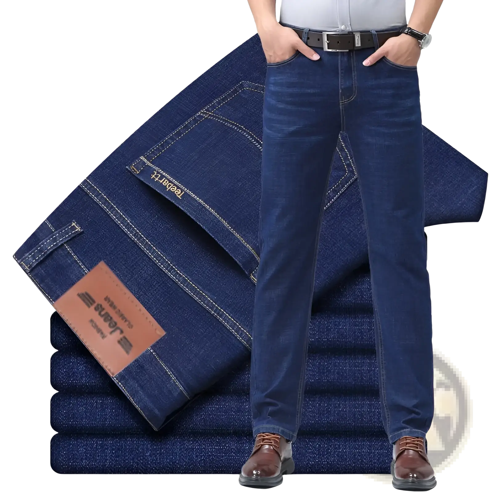 Men’s dark blue stretch cotton jeans with a classic straight-leg cut and contrasting white stitching for casual wear