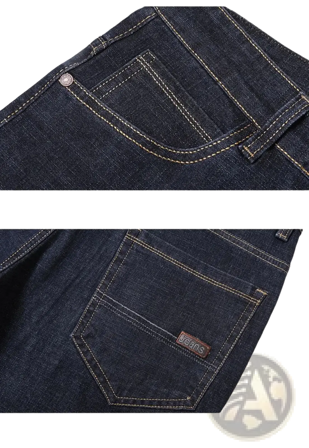 Men’s stretch cotton straight jeans casual trousers in dark blue denim with light stitching and brown brand tag on back pocket