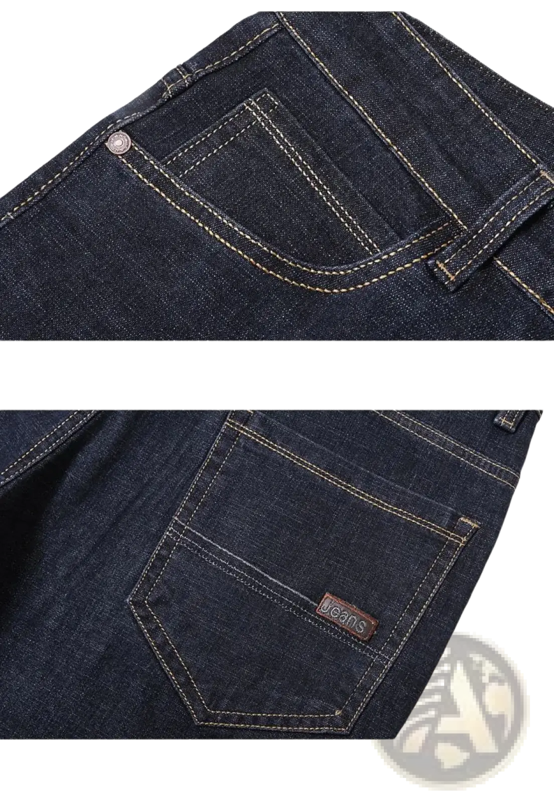 Men’s stretch cotton straight jeans casual trousers in dark blue denim with light stitching and brown brand tag on back pocket