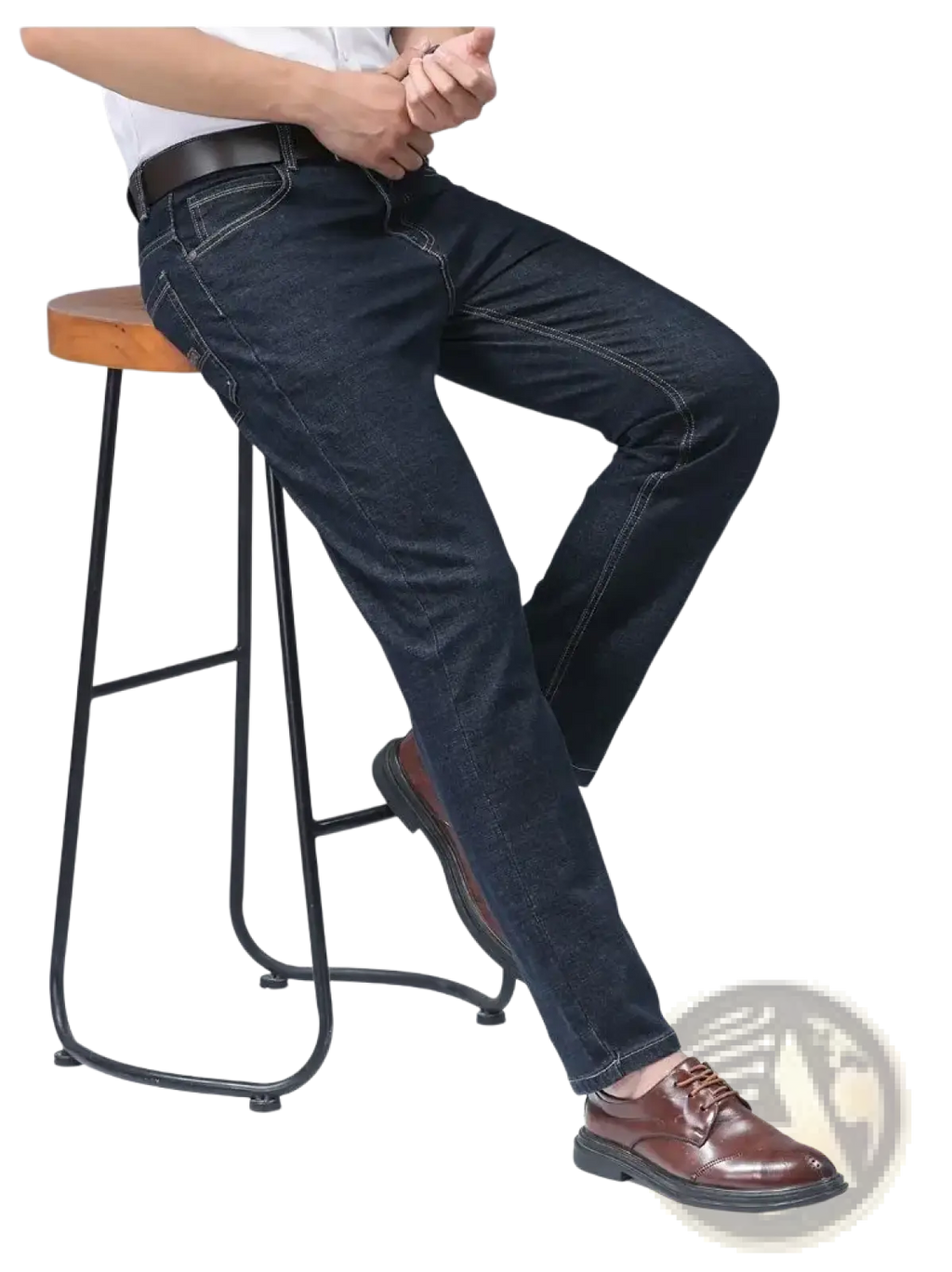 Men’s dark blue stretch cotton straight jeans with classic stitching designed as casual trousers