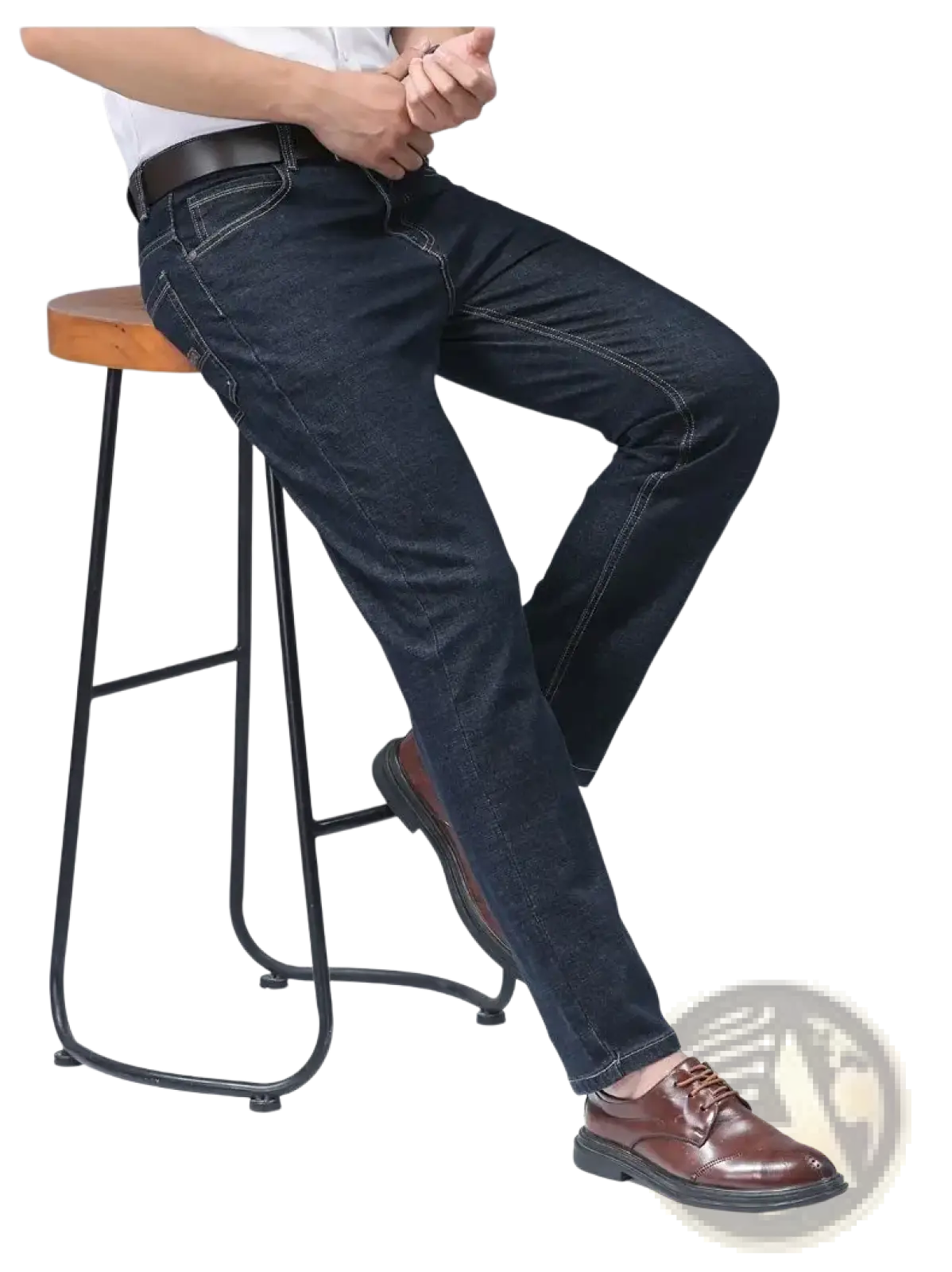 Men’s dark blue stretch cotton straight jeans with classic stitching designed as casual trousers