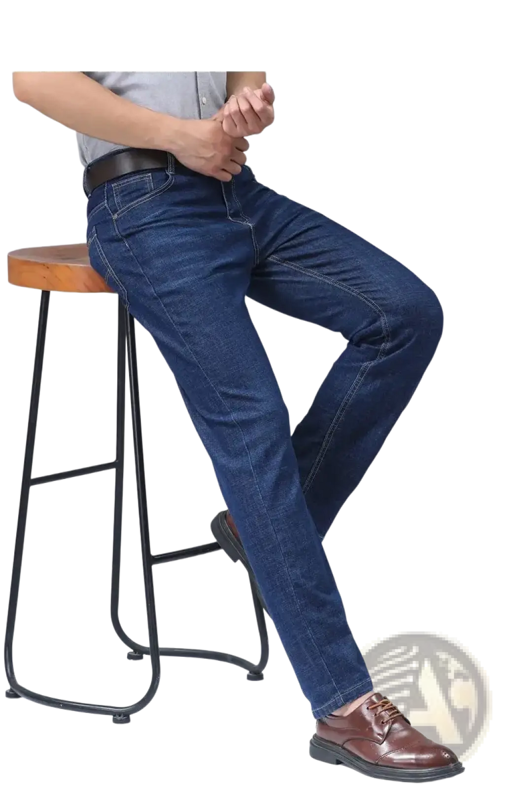 Men’s dark blue stretch cotton straight jeans with classic straight-leg cut and visible stitching for casual wear