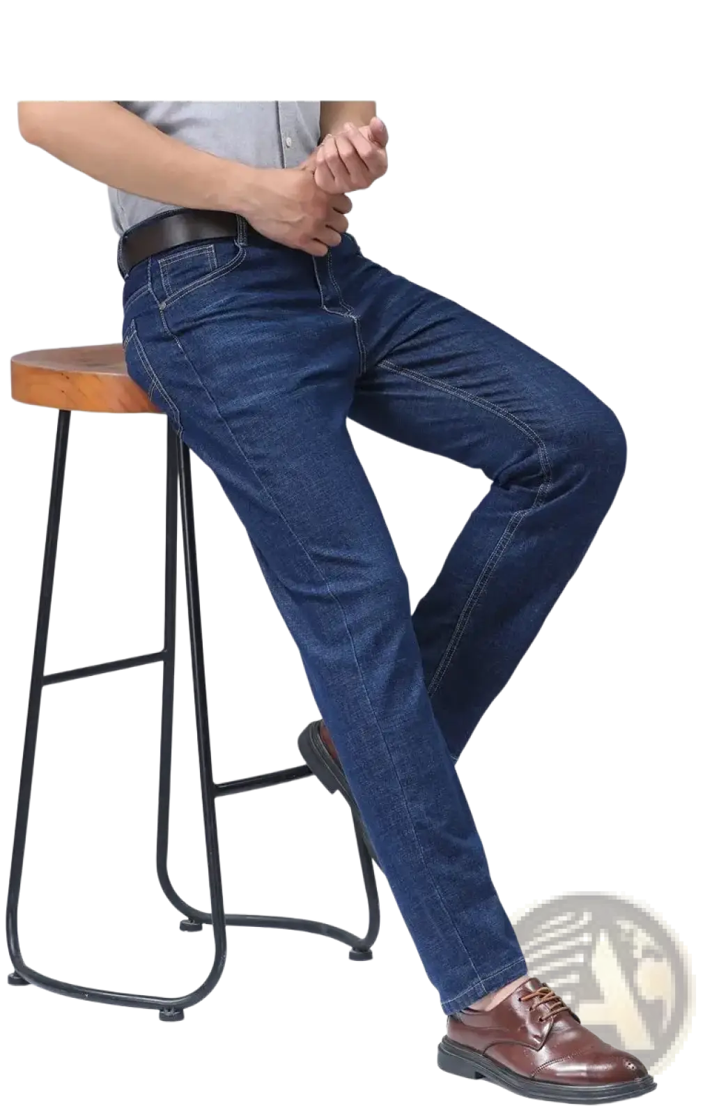 Men’s dark blue stretch cotton straight jeans with classic straight-leg cut and visible stitching for casual wear