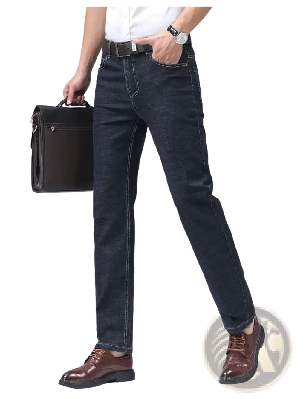 Men’s stretch cotton straight jeans in dark indigo denim with contrasting light stitching for casual wear