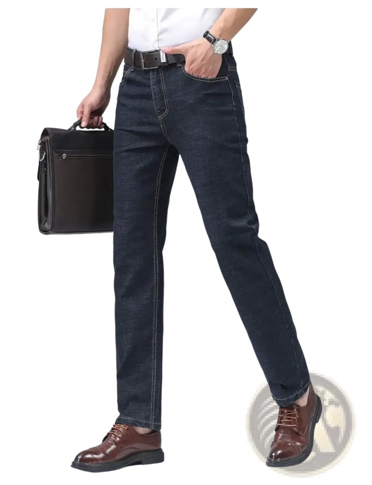 Men’s stretch cotton straight jeans in dark indigo denim with contrasting light stitching for casual wear
