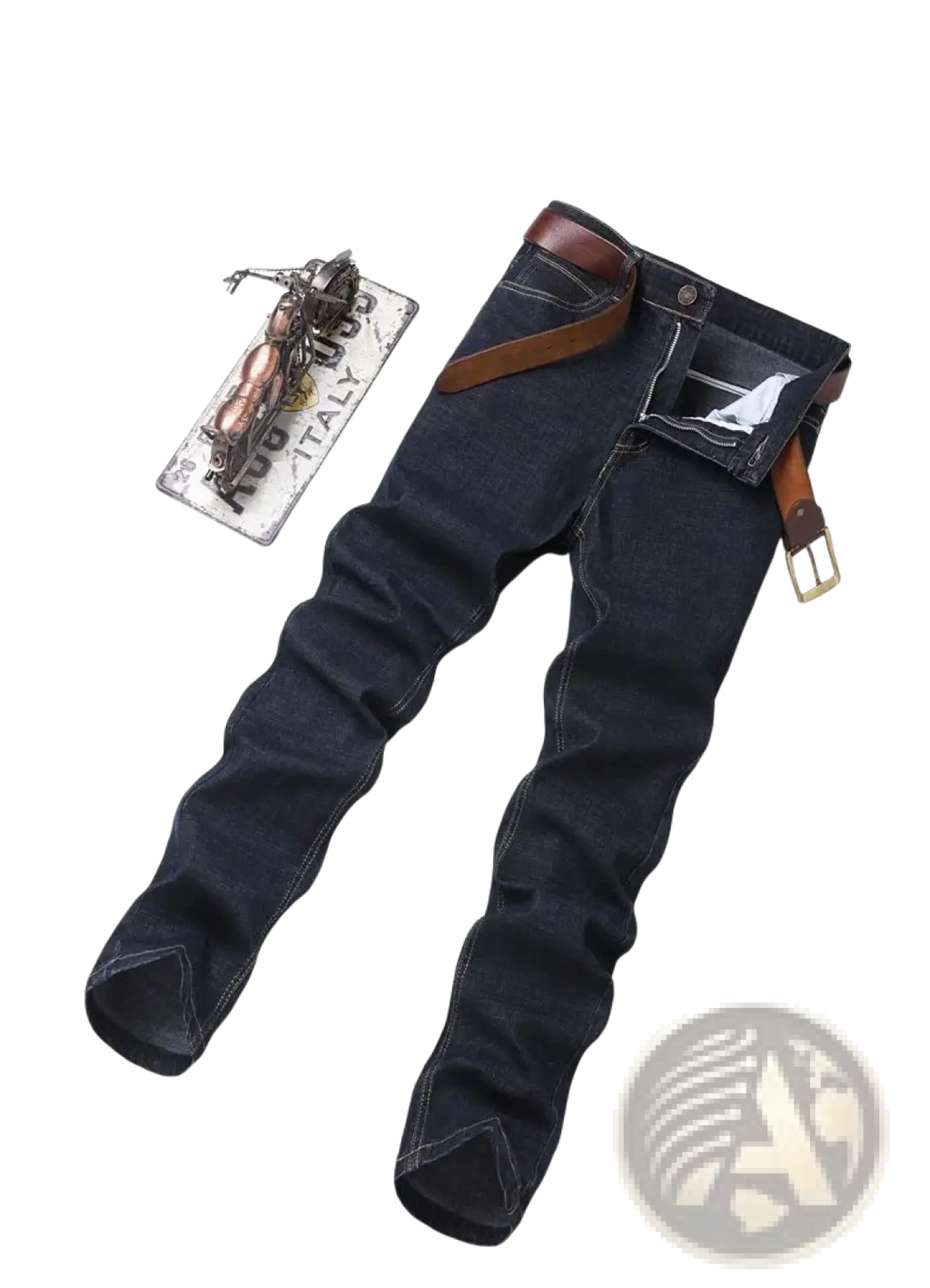 Men’s dark indigo stretch cotton straight jeans with a brown leather belt and matching buckle for casual wear