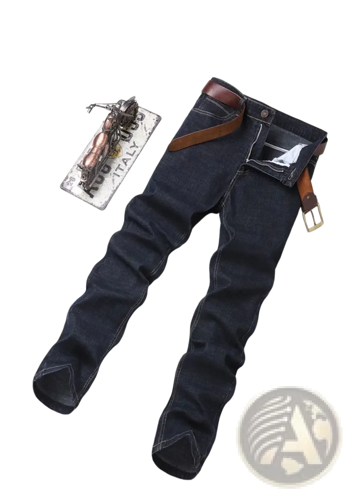 Men’s dark indigo stretch cotton straight jeans with a brown leather belt and matching buckle for casual wear