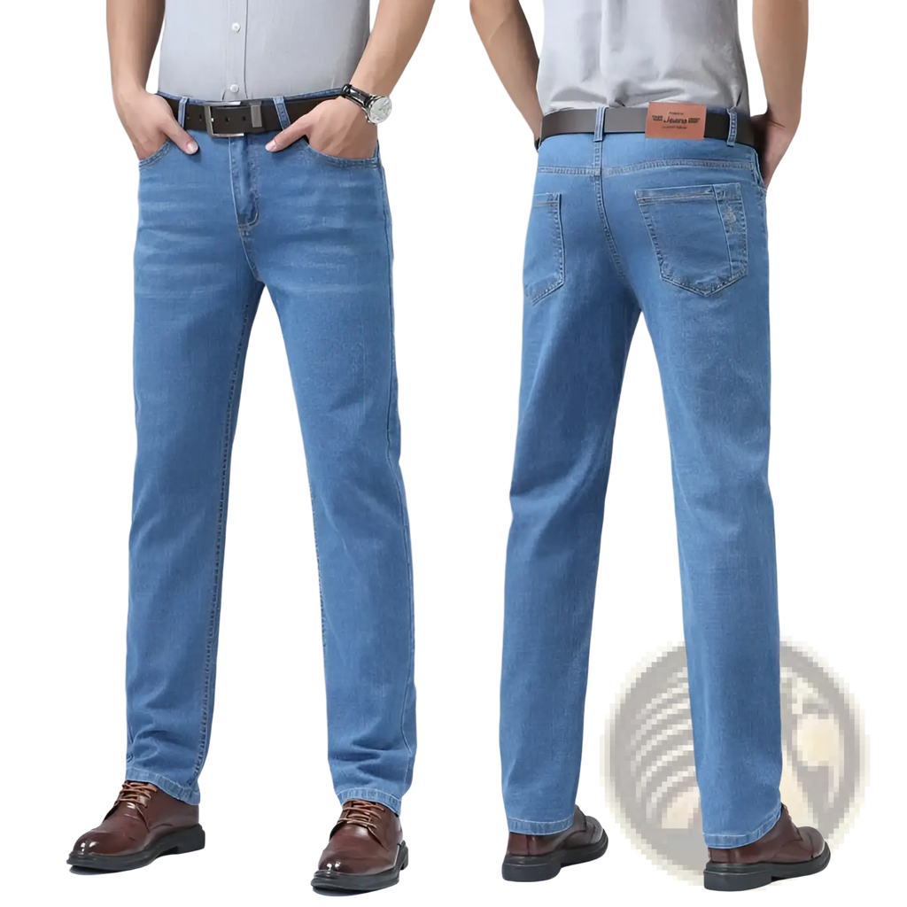 Light blue men’s stretch cotton straight jeans with a classic five-pocket design for casual wear