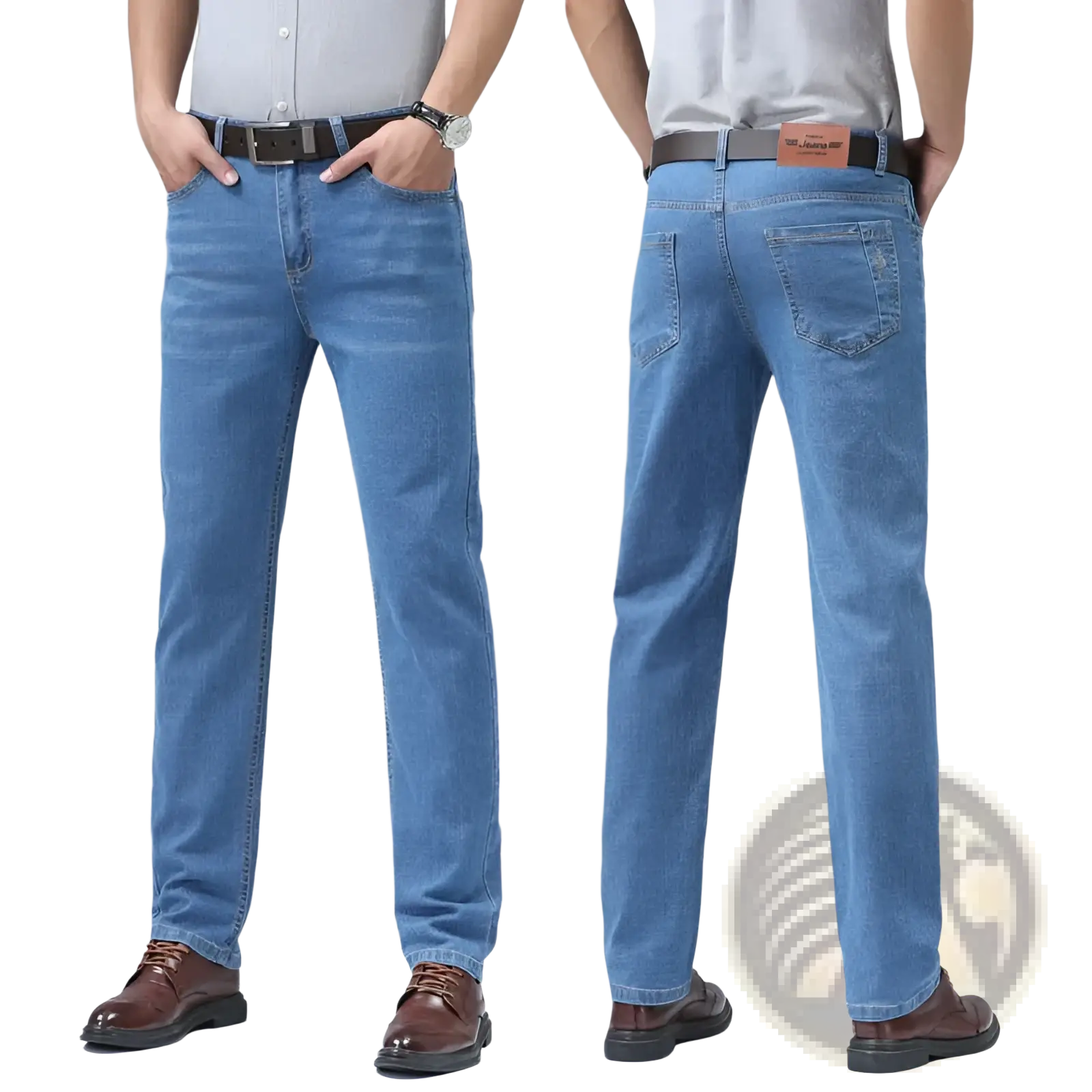 Light blue men’s stretch cotton straight jeans with a classic five-pocket design for casual wear