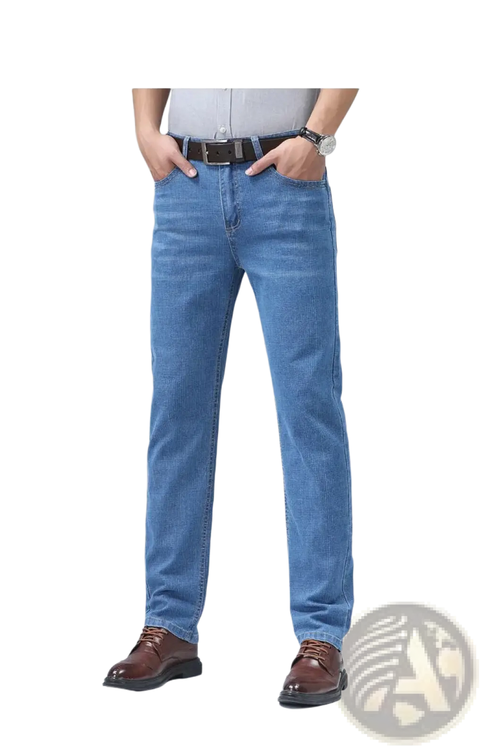 Men’s light blue stretch cotton straight jeans with classic stitching for casual wear