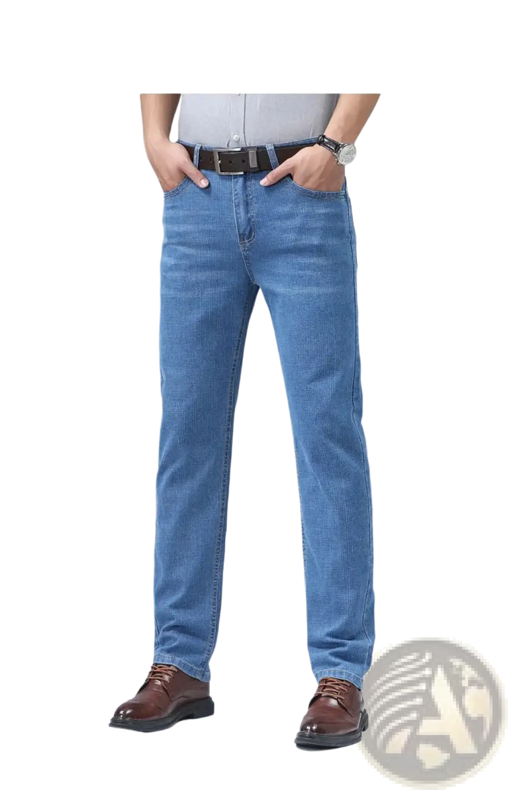 Men’s light blue stretch cotton straight jeans with classic stitching for casual wear