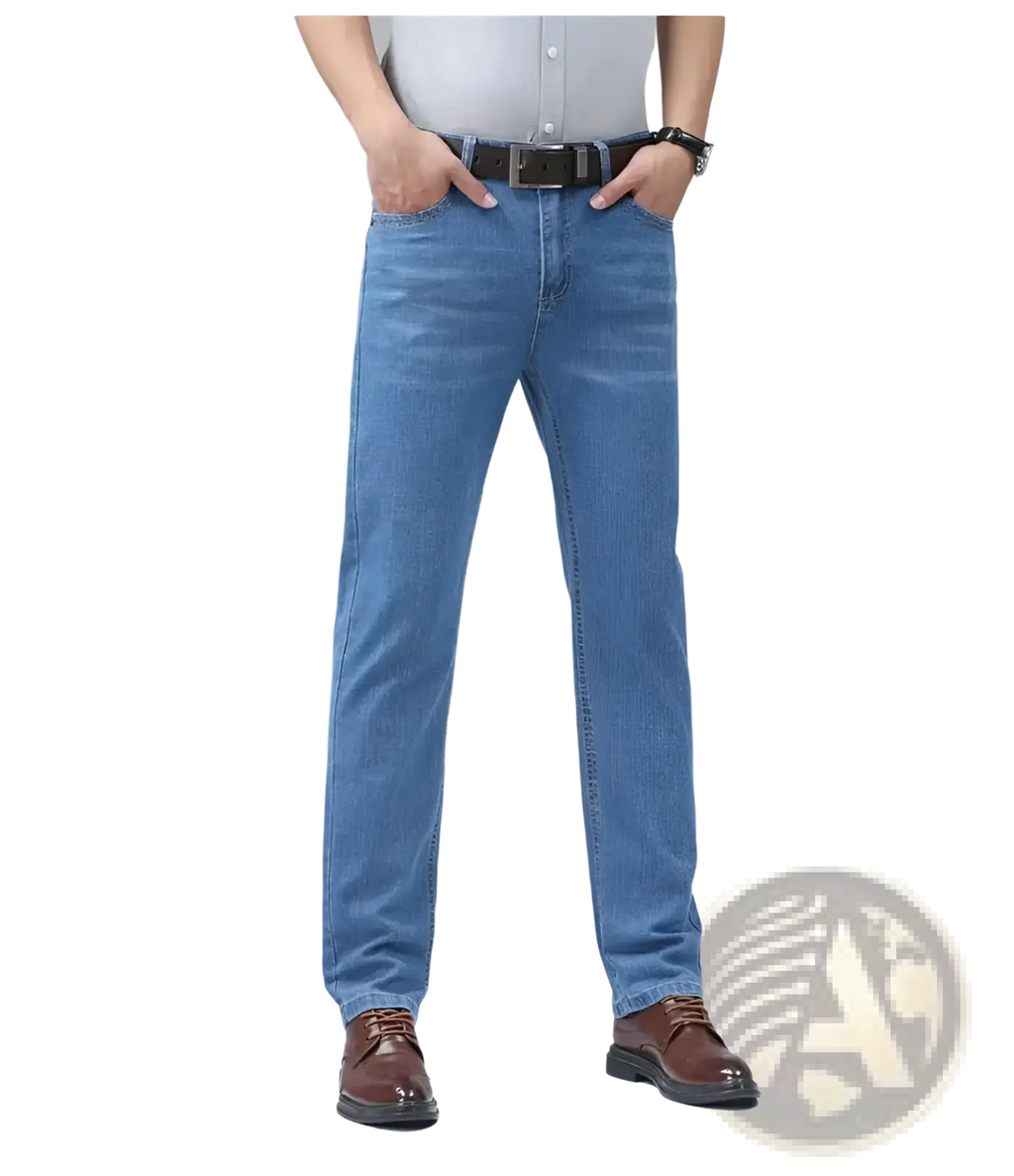 Men’s light blue stretch cotton straight jeans with classic stitching for casual wear