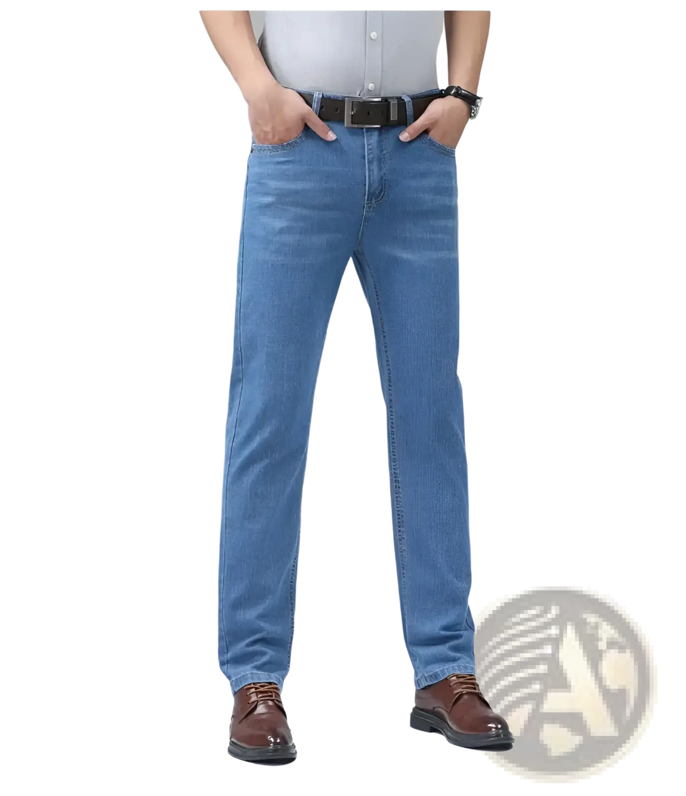 Men’s light blue stretch cotton straight jeans with classic stitching for casual wear