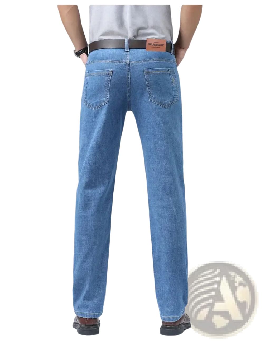 Men’s stretch cotton straight jeans in light-wash blue denim with a classic straight-leg cut and rear pockets shown from the back