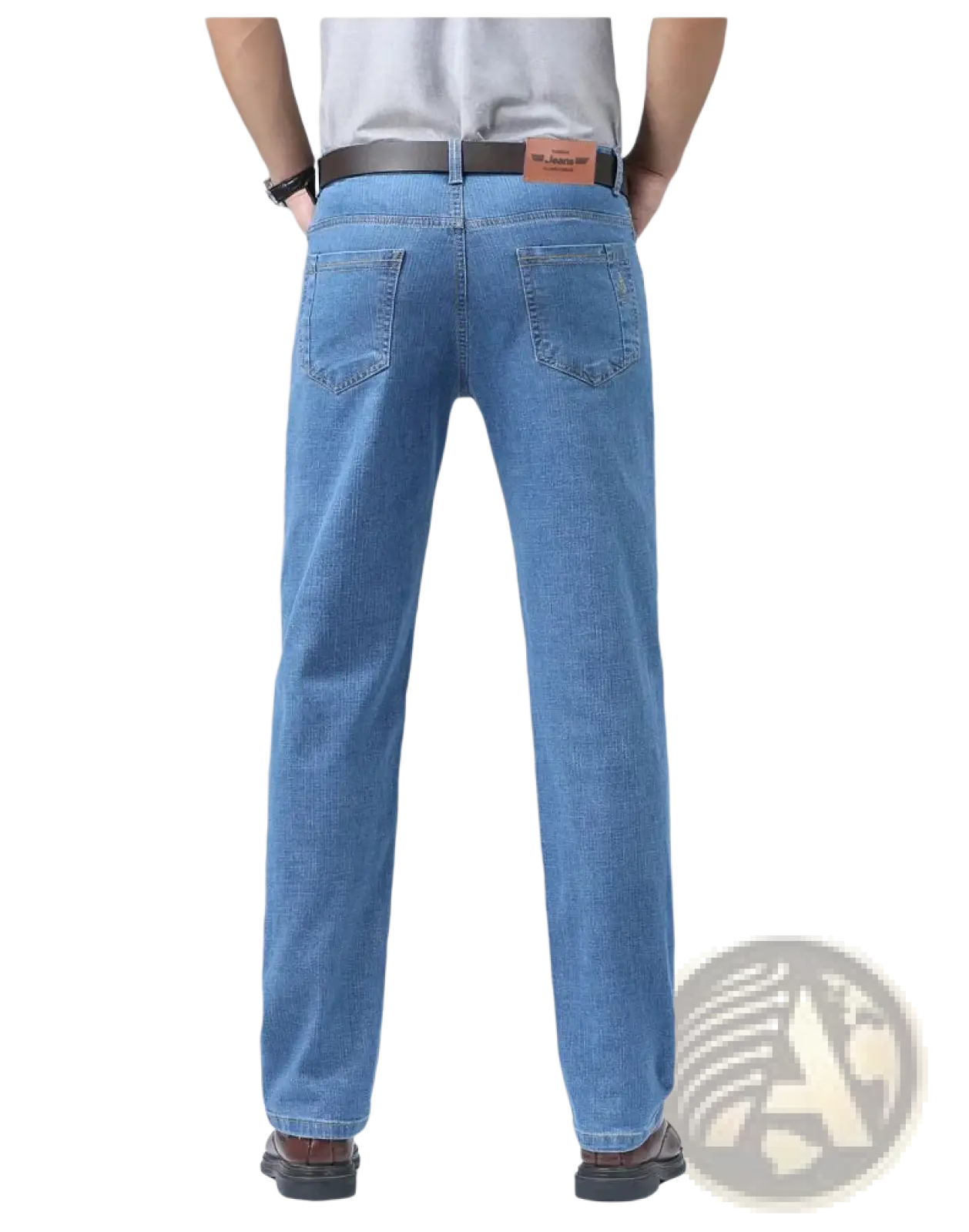 Men’s stretch cotton straight jeans in light-wash blue denim with a classic straight-leg cut and rear pockets shown from the back