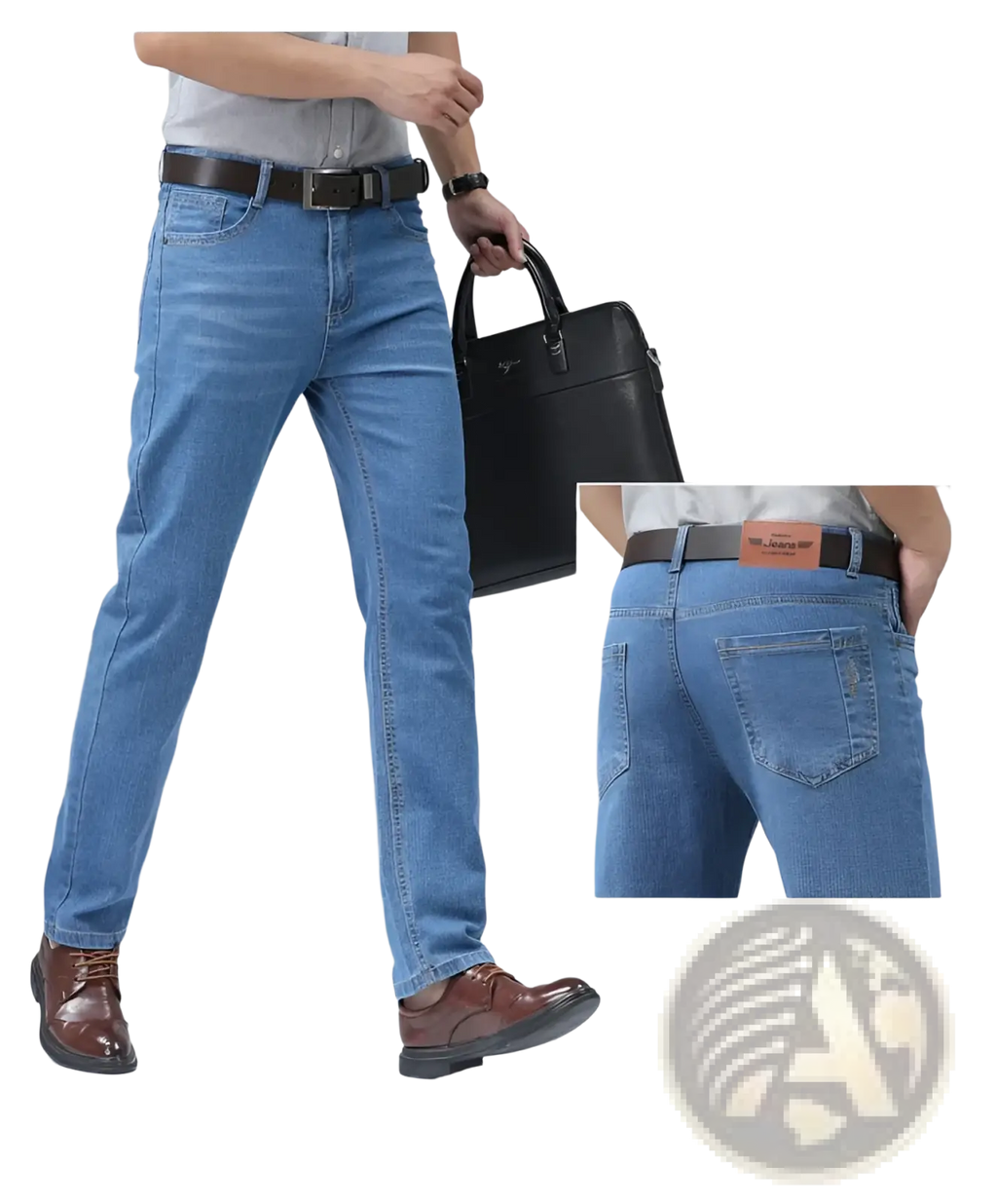 Men’s light-wash blue stretch cotton straight jeans with a classic cut and brown leather belt for casual wear