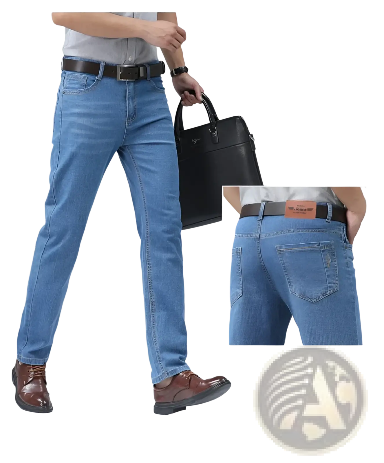 Men’s light-wash blue stretch cotton straight jeans with a classic cut and brown leather belt for casual wear