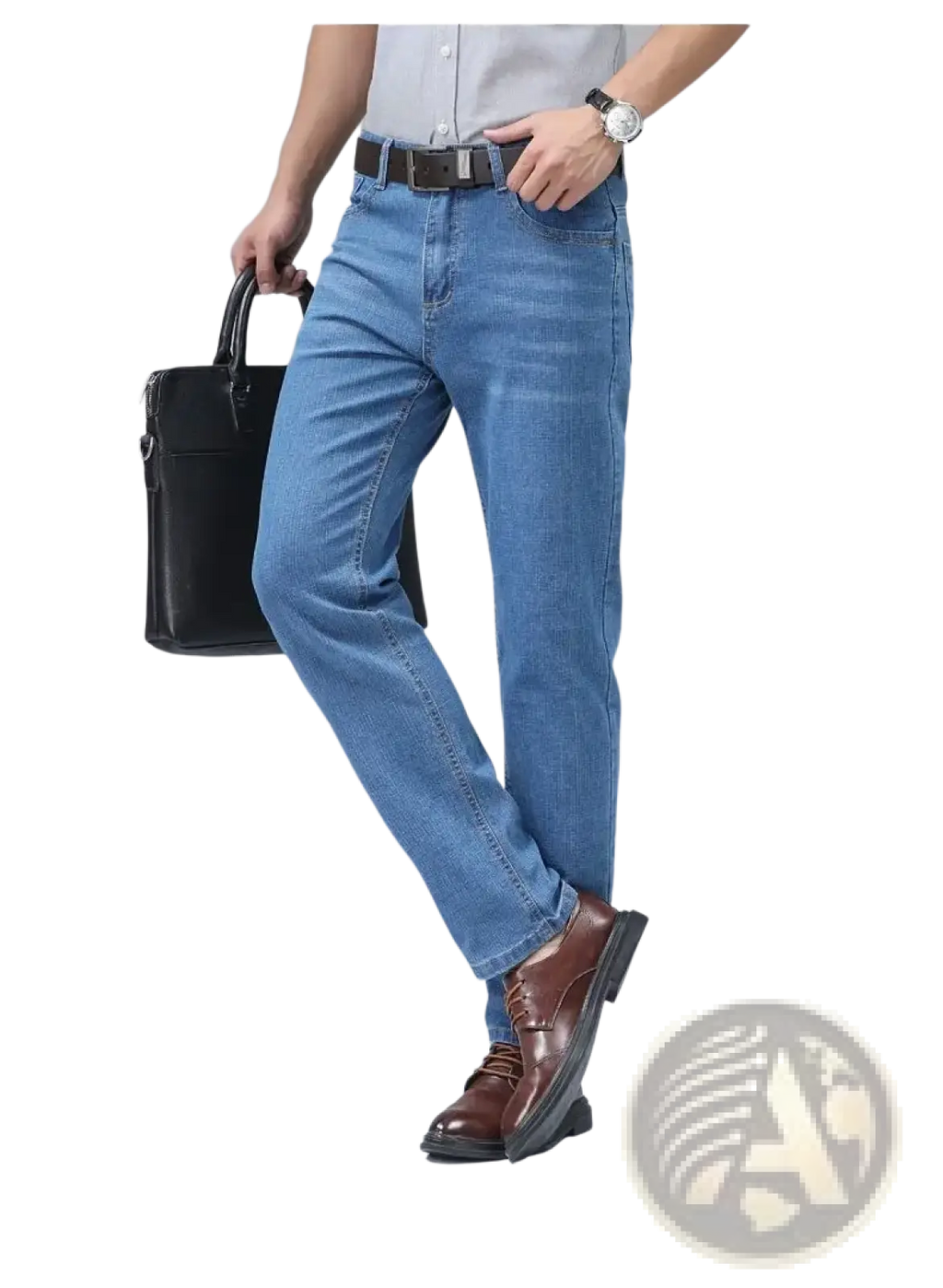 Men’s light-wash blue stretch cotton straight jeans with classic straight-leg cut and visible stitching details