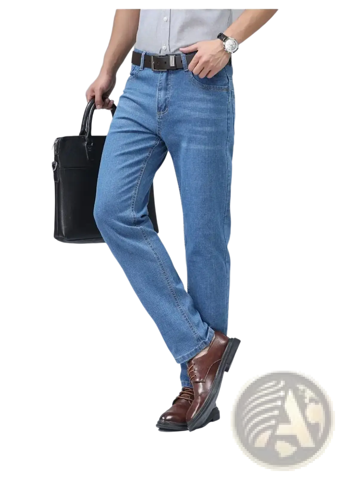 Men’s light-wash blue stretch cotton straight jeans with classic straight-leg cut and visible stitching details