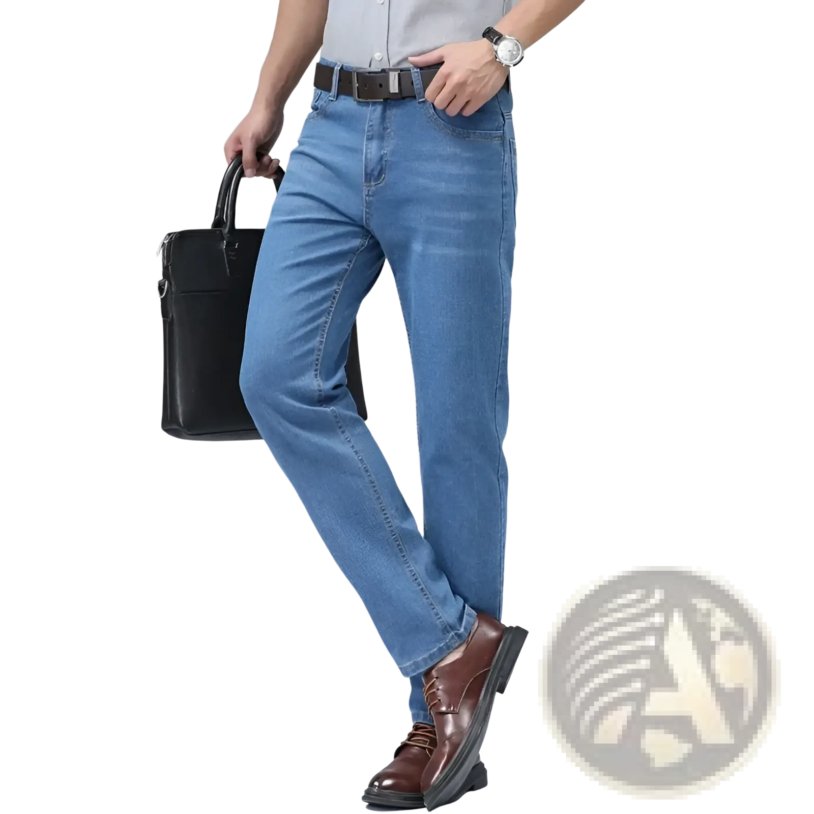 Men’s light-wash blue stretch cotton straight jeans with classic straight-leg cut and visible stitching for casual wear