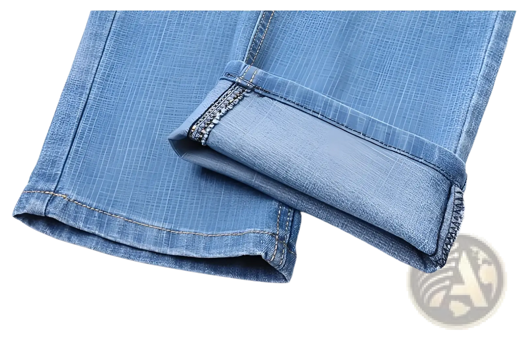 Men’s stretch cotton straight jeans in light-wash blue denim with rolled cuff and contrasting stitching for casual wear
