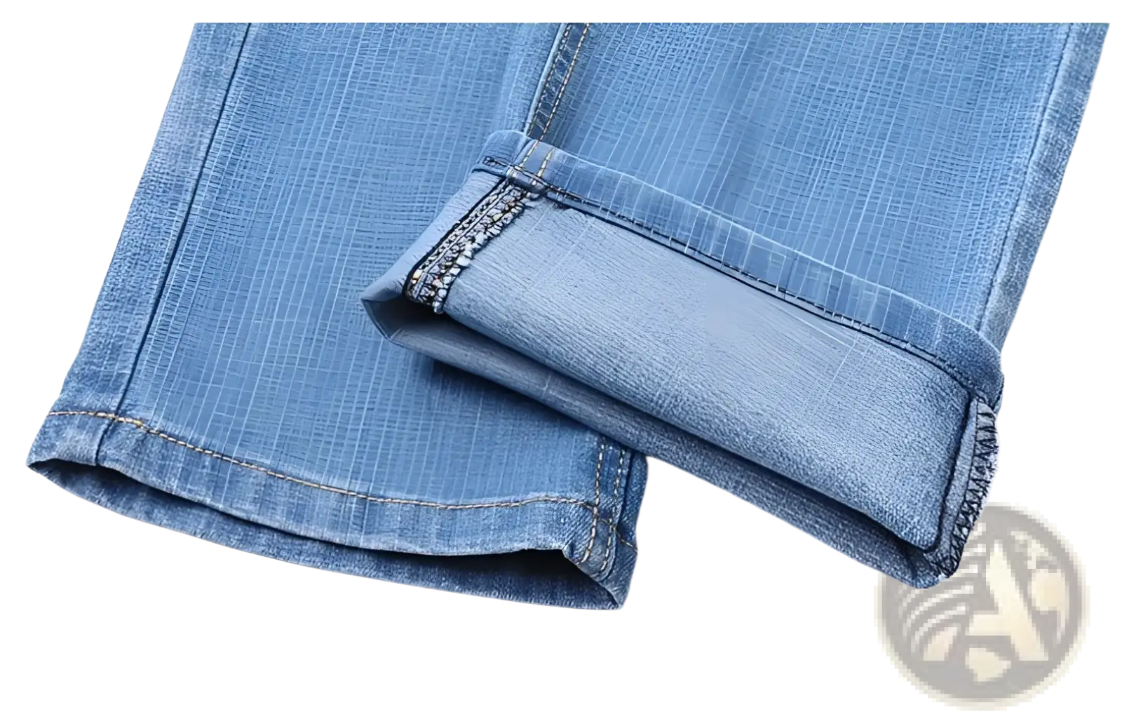Men’s stretch cotton straight jeans in light-wash blue denim with rolled cuff and contrasting stitching for casual wear