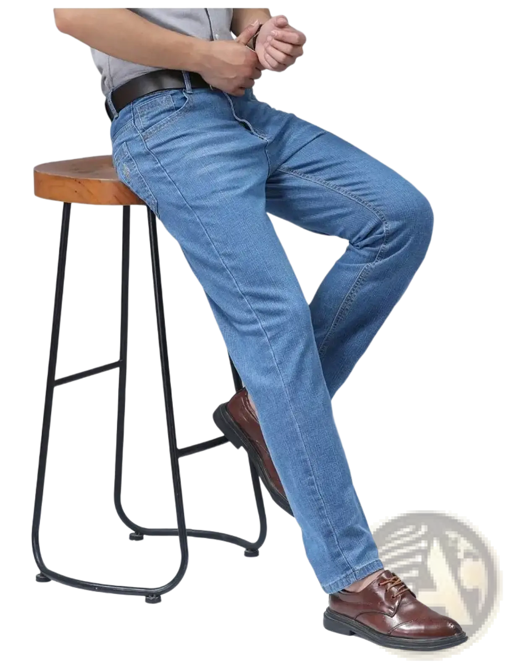 Men’s light-wash blue stretch cotton straight jeans with classic straight-leg cut and visible stitching details
