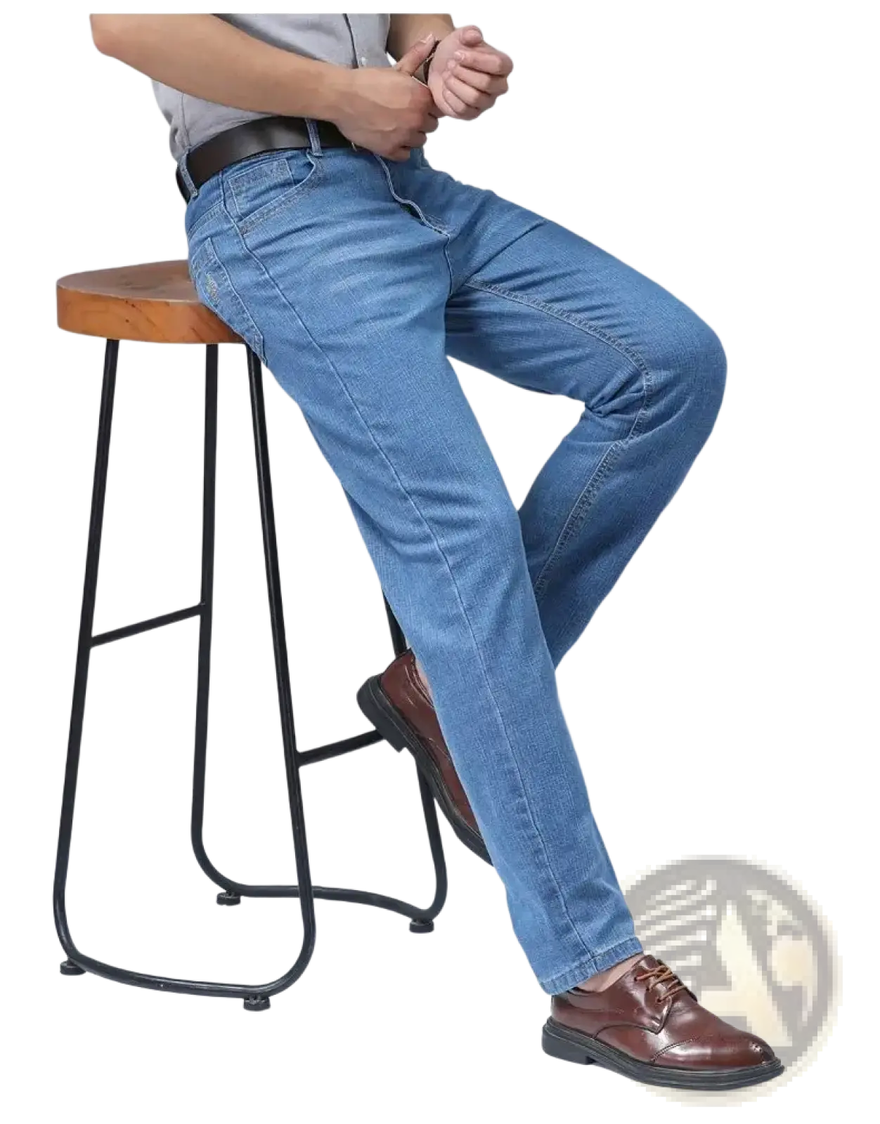 Men’s light-wash blue stretch cotton straight jeans with classic straight-leg cut and visible stitching details