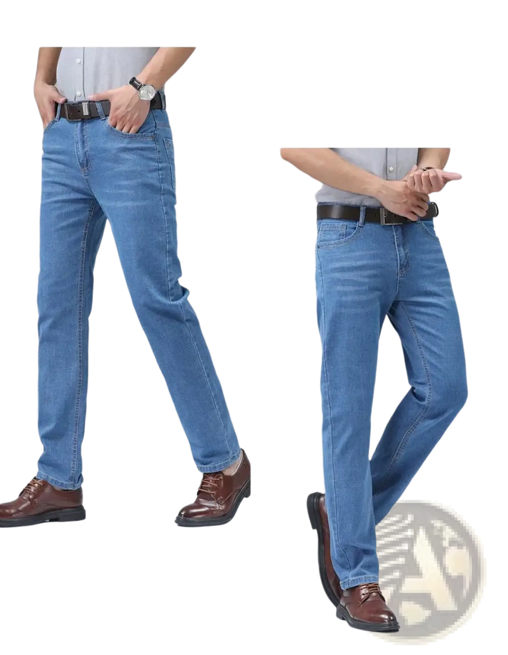 Men’s light-wash blue stretch cotton straight jeans with classic five-pocket design and belt loops for casual wear