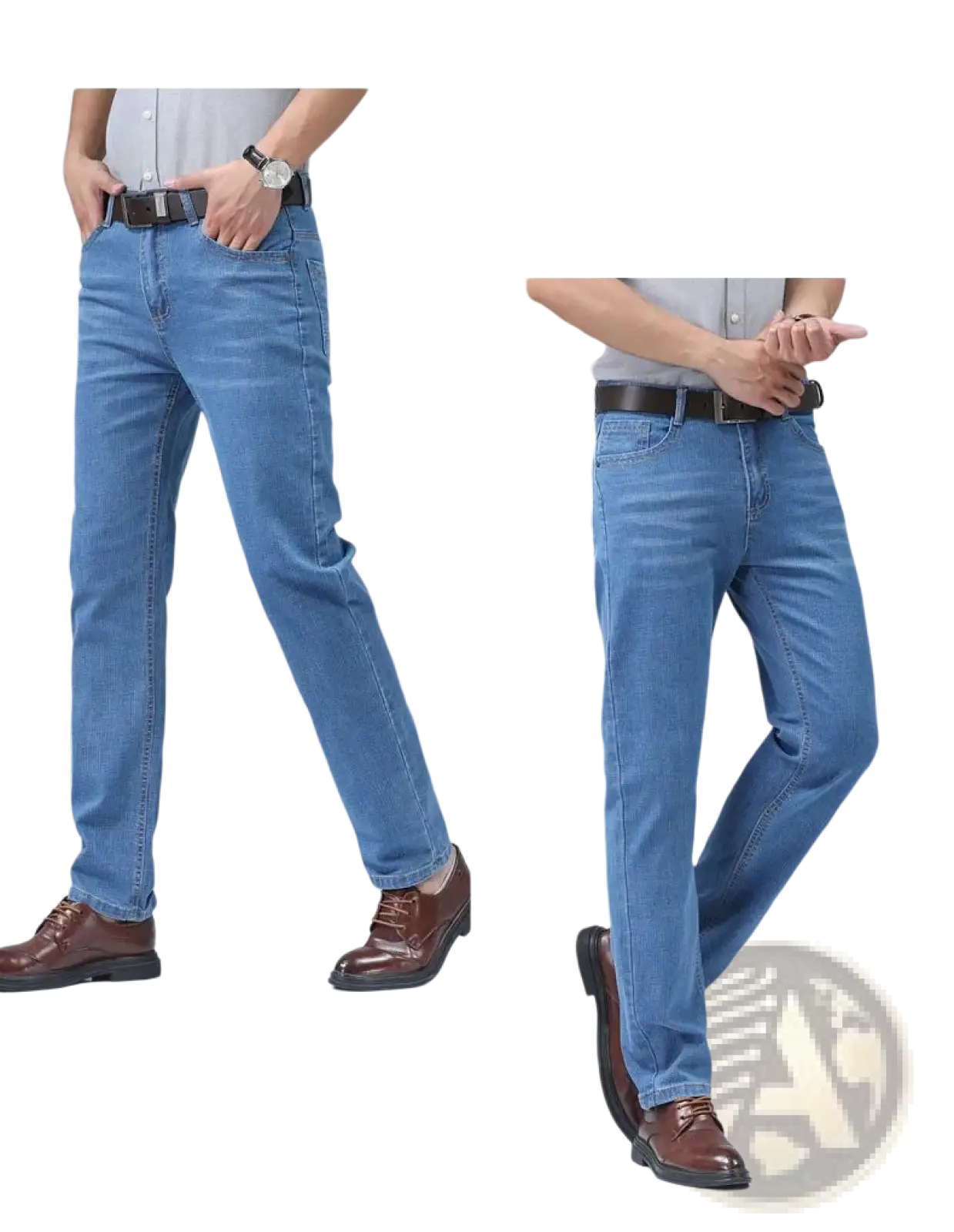 Men’s light-wash blue stretch cotton straight jeans with classic five-pocket design and belt loops for casual wear