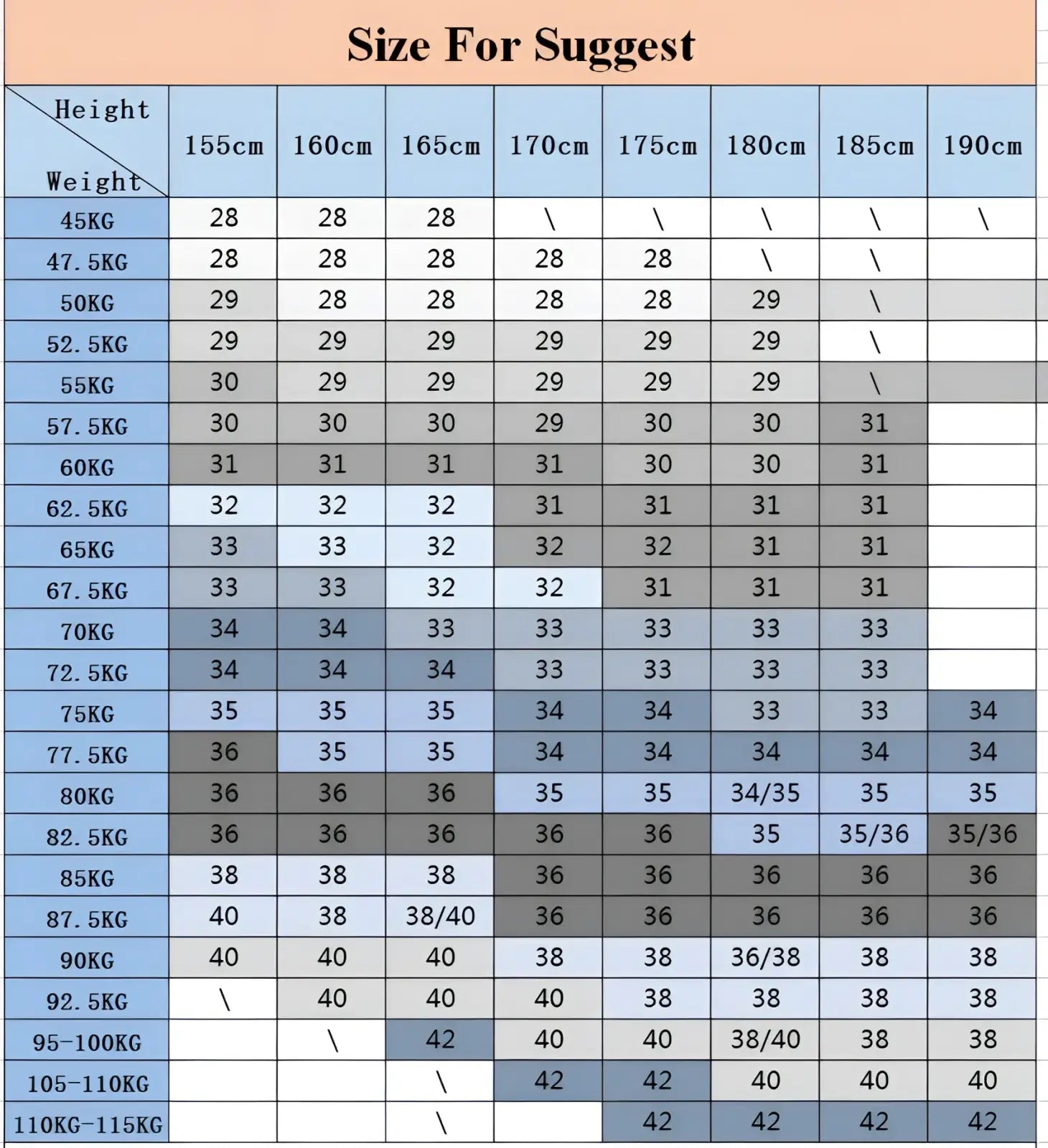 Size chart for men’s stretch cotton straight jeans casual trousers showing recommended sizes by height and weight