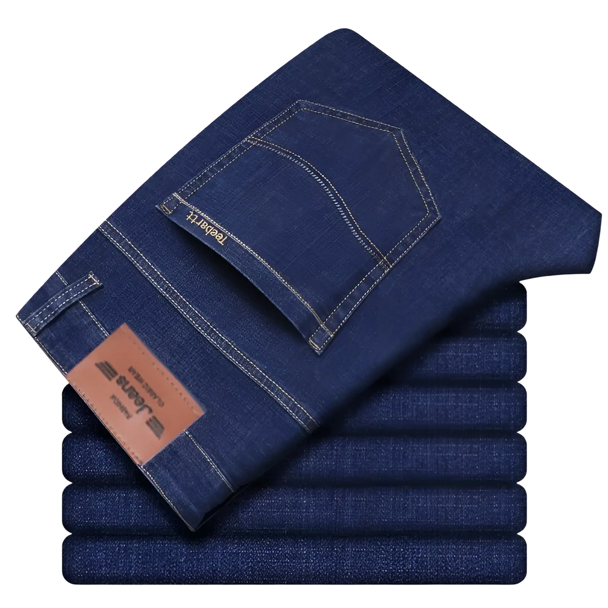 A stack of men’s dark blue stretch cotton straight jeans with a brown leather label and light stitching for casual wear