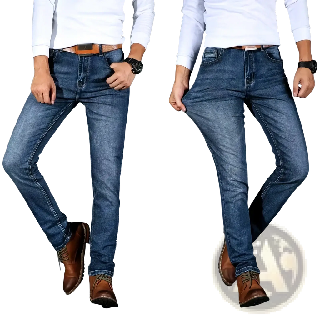 Mens stretch denim jeans in blue with slim fit and classic stitching for casual wear
