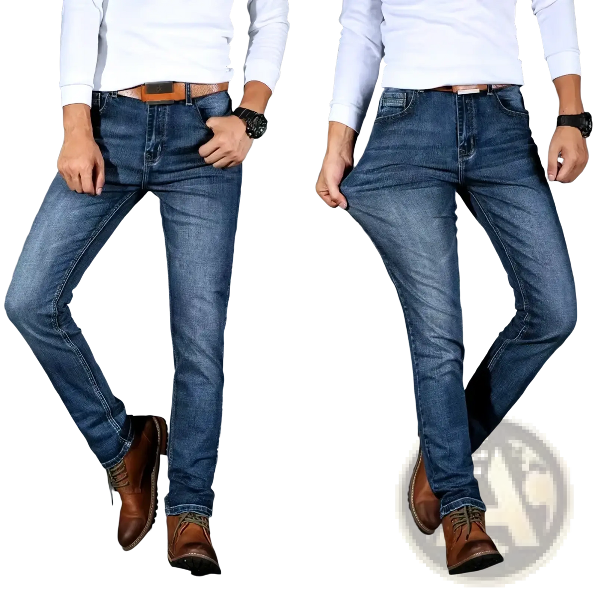 Mens stretch denim jeans in blue with slim fit and classic stitching for casual wear