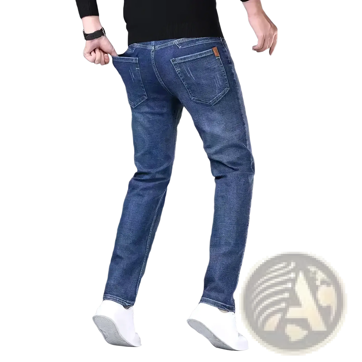 Mens stretch denim jeans slim fit casual pants in blue with subtle fading back side showing classic pockets and leather patch