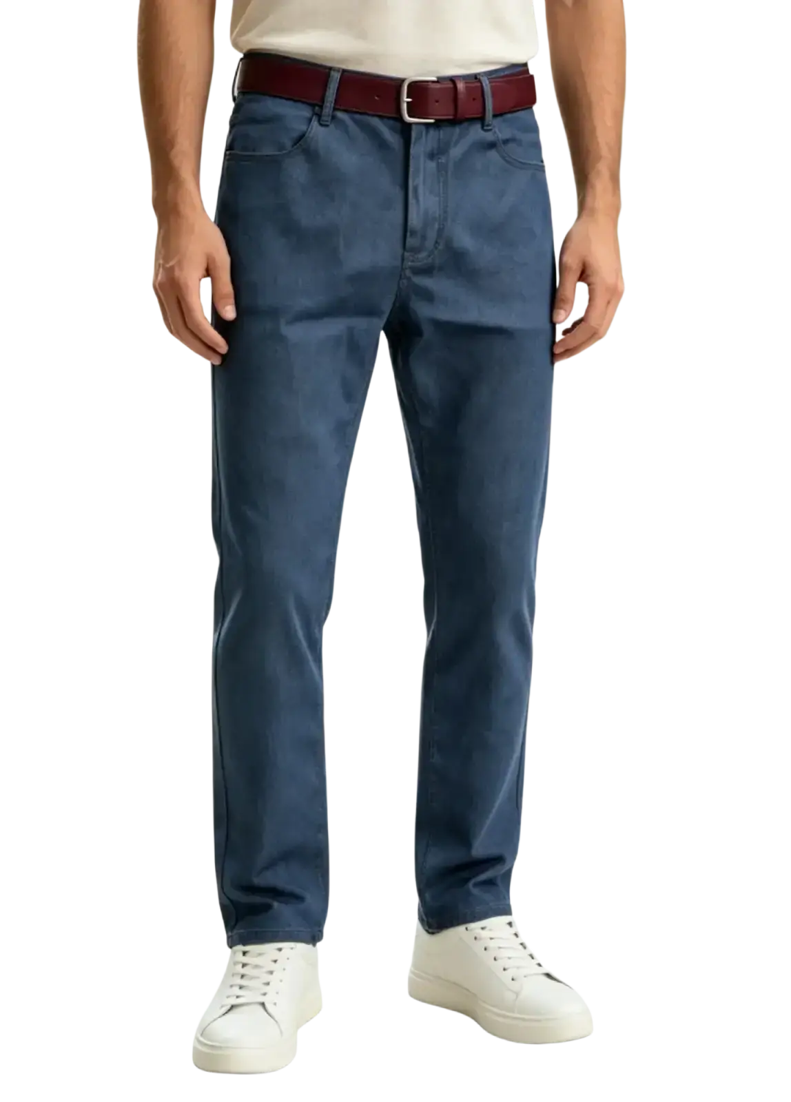 Mens slim fit dark blue stretch denim jeans with straight leg paired with maroon belt and white sneakers casual pants