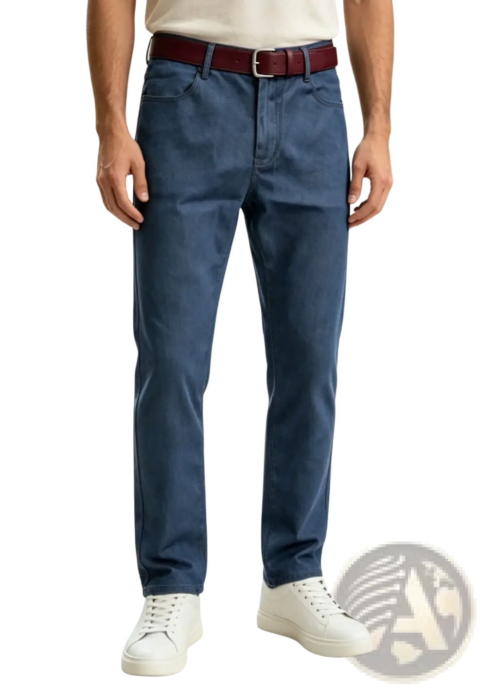 Mens stretch denim jeans slim fit casual pants in dark blue straight-leg denim with a burgundy leather belt