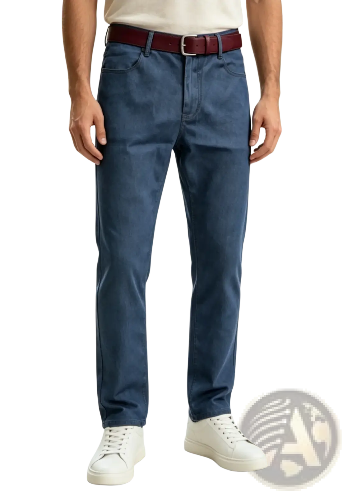 Mens stretch denim jeans slim fit casual pants in dark blue straight-leg denim with a burgundy leather belt