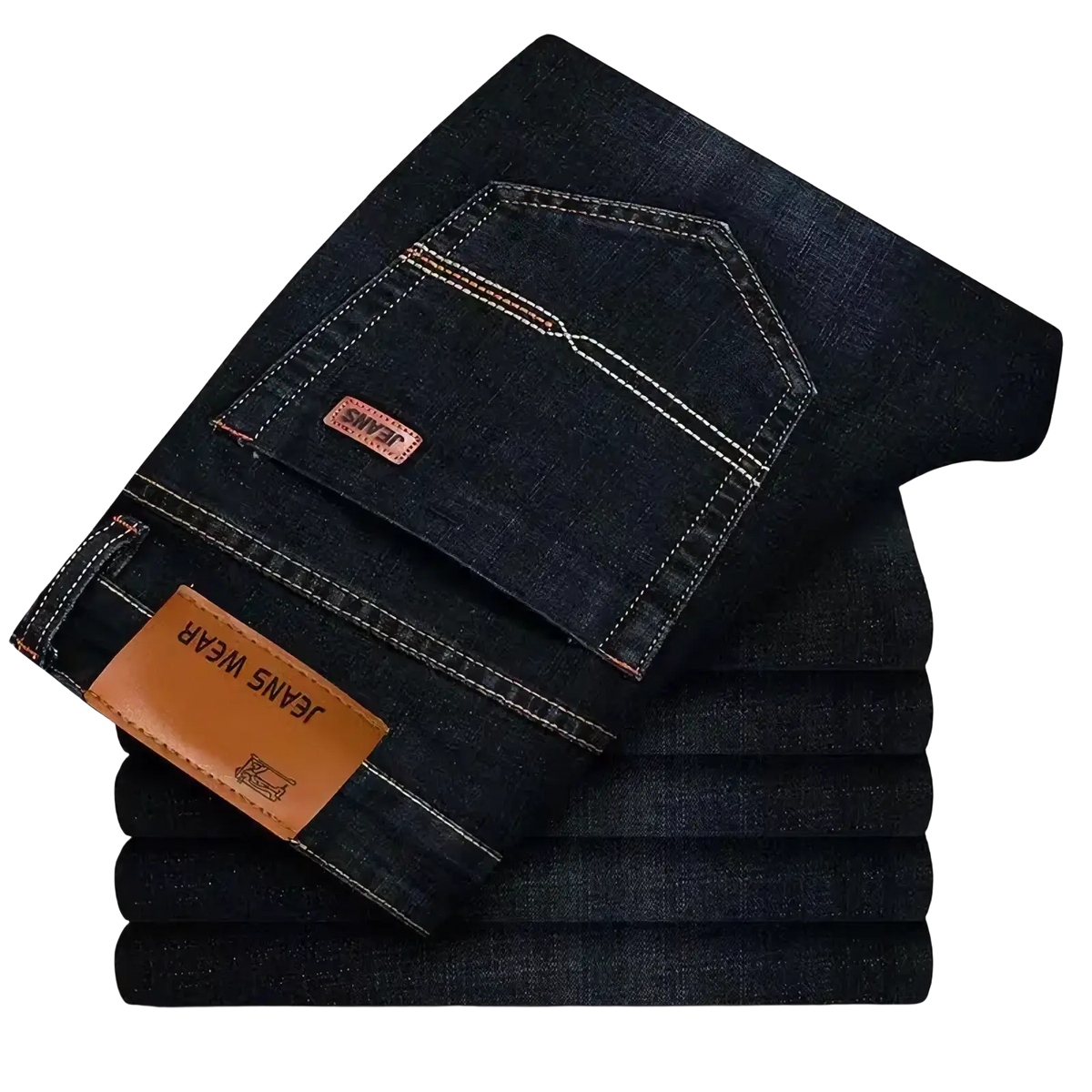 Mens stretch denim jeans slim fit casual pants in dark indigo with white stitching and brown leather brand patches back view