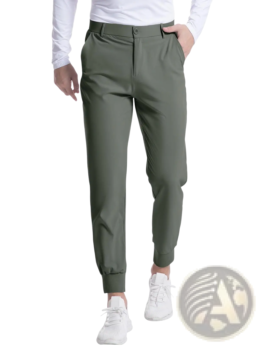 Men’s olive green slim-fit stretch golf jogger pants with elastic cuffs and button closure for comfortable wear