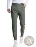 Men’s olive green slim-fit stretch golf jogger pants with elastic cuffs and button closure for comfortable wear