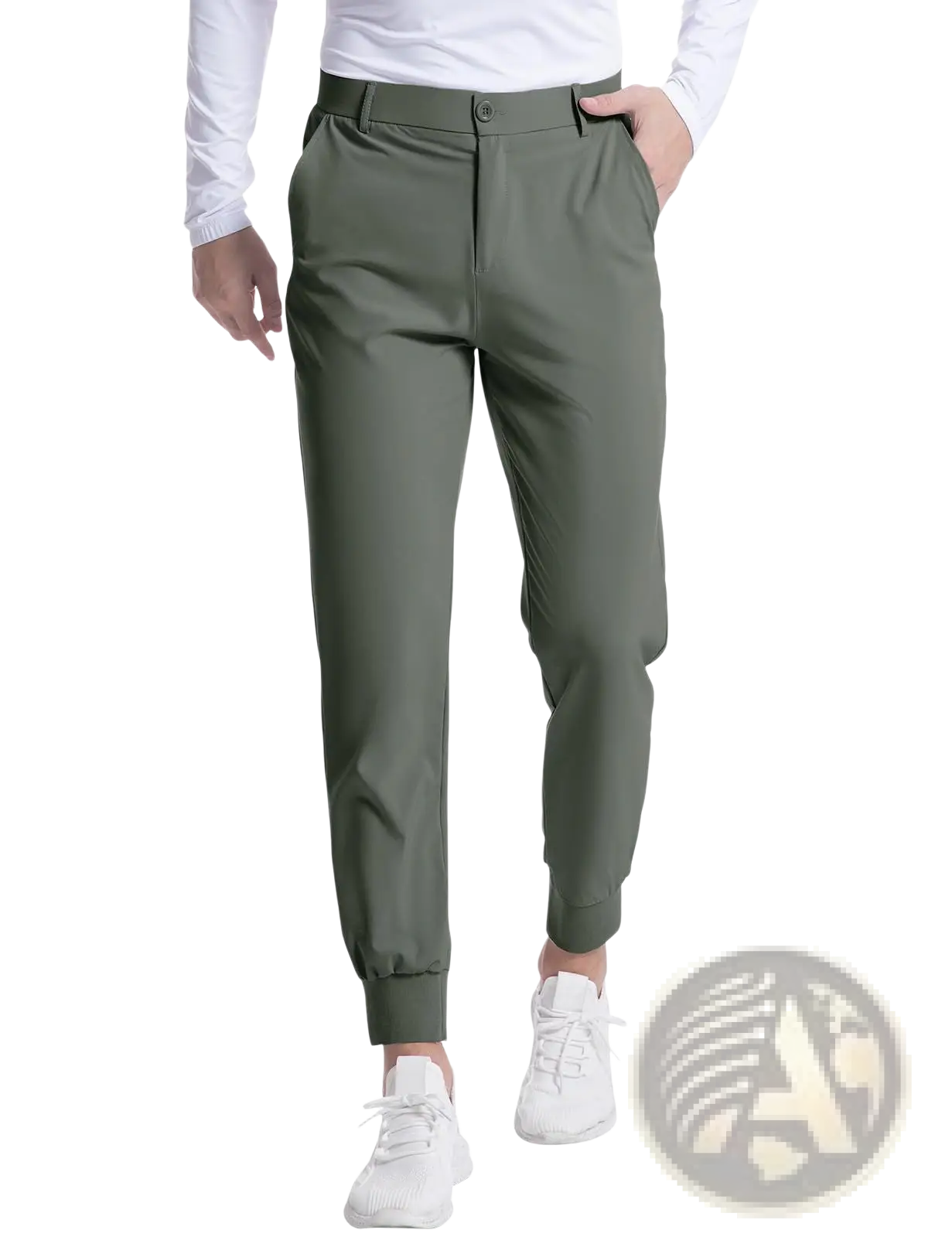 Men’s olive green slim-fit stretch golf jogger pants with elastic cuffs and button closure for comfortable wear