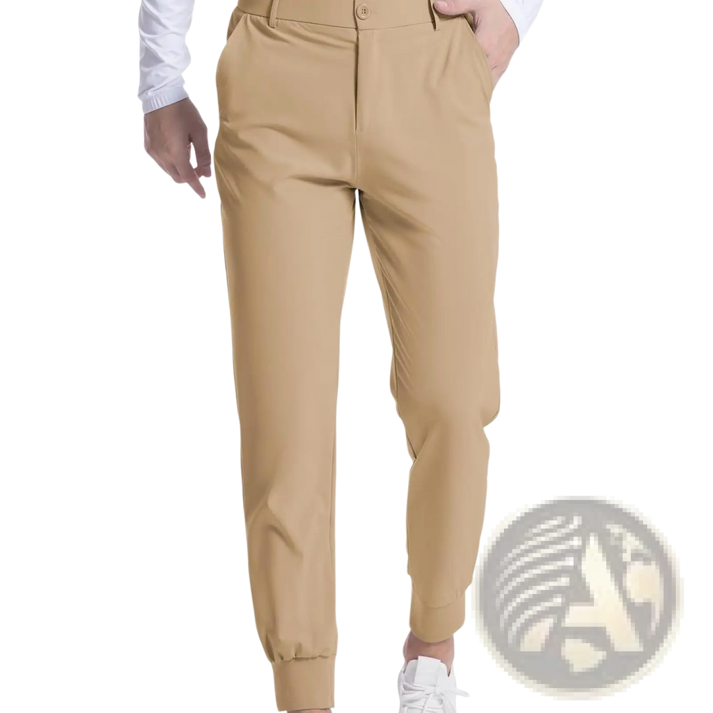 Men’s khaki stretch golf jogger pants slim fit with button closure and cuffed ankles for comfortable mobility