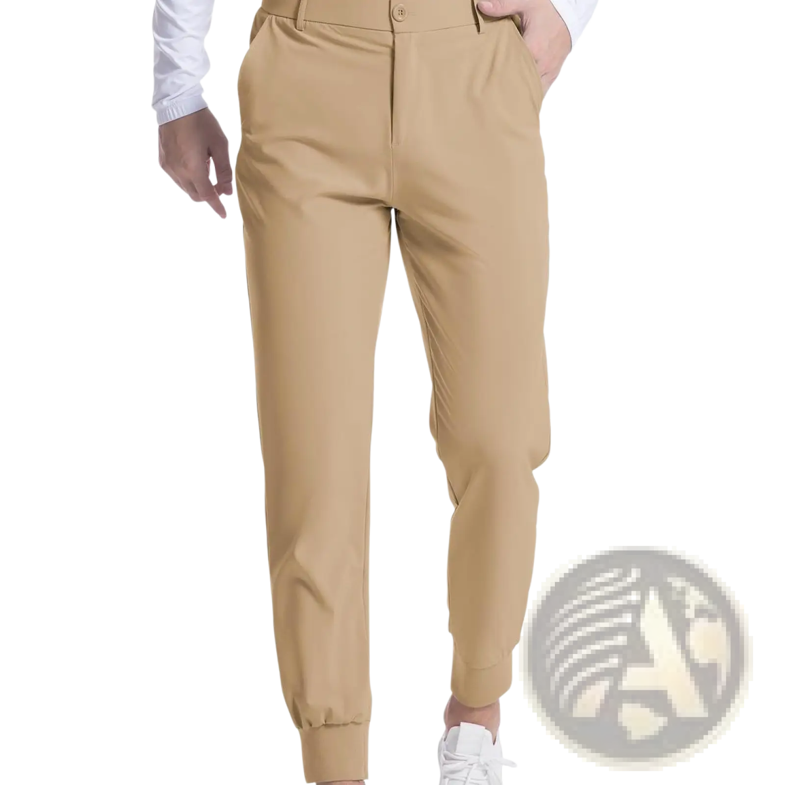 Men’s khaki stretch golf jogger pants slim fit with button closure and cuffed ankles for comfortable mobility