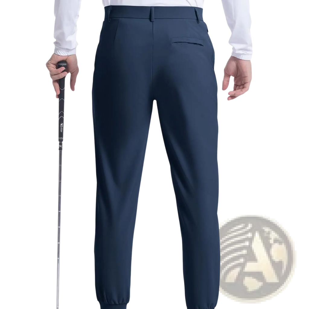Navy blue men’s stretch golf jogger pants with slim fit elastic cuffs and a concealed back pocket showing the back side