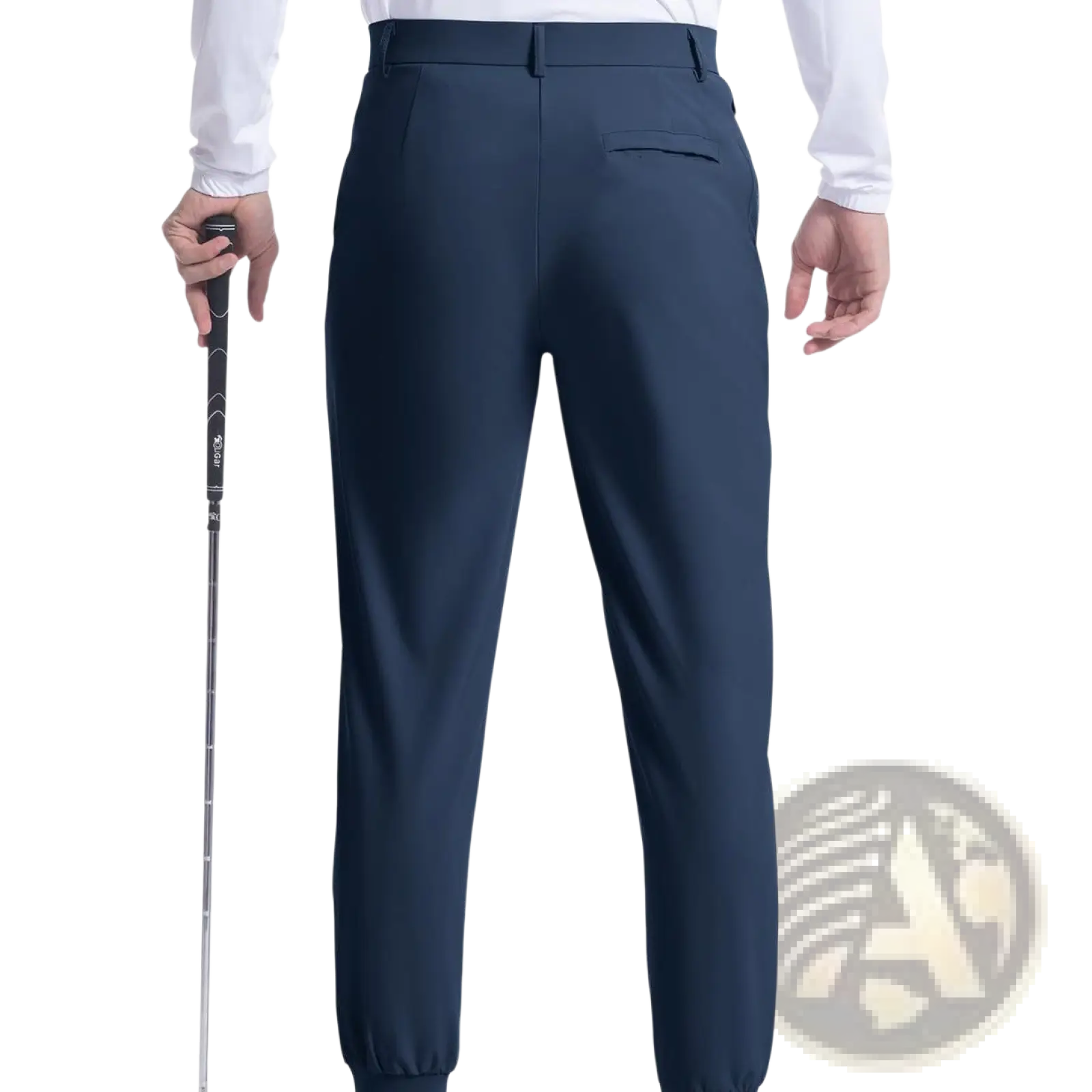 Navy blue men’s stretch golf jogger pants with slim fit elastic cuffs and a concealed back pocket showing the back side