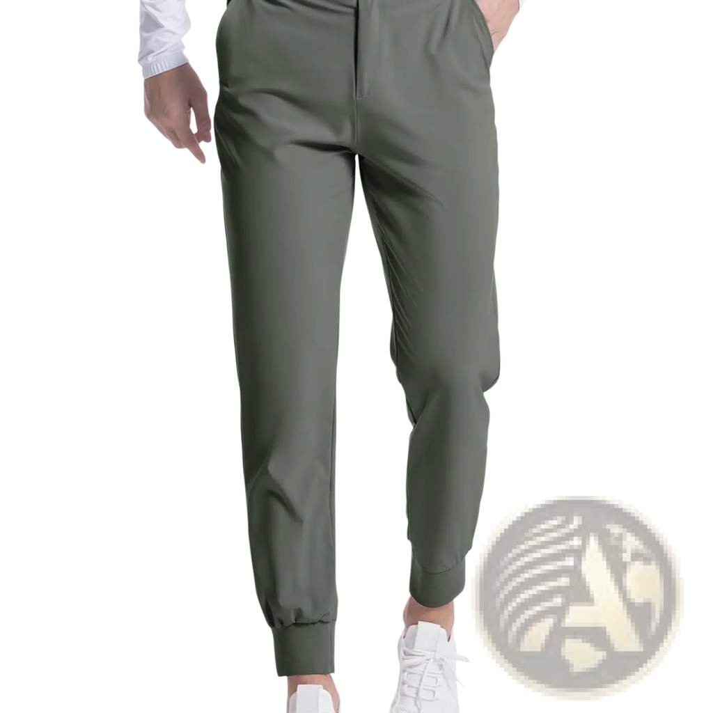 Olive green slim-fit stretch men’s golf jogger pants with elastic cuffs designed for comfort and performance